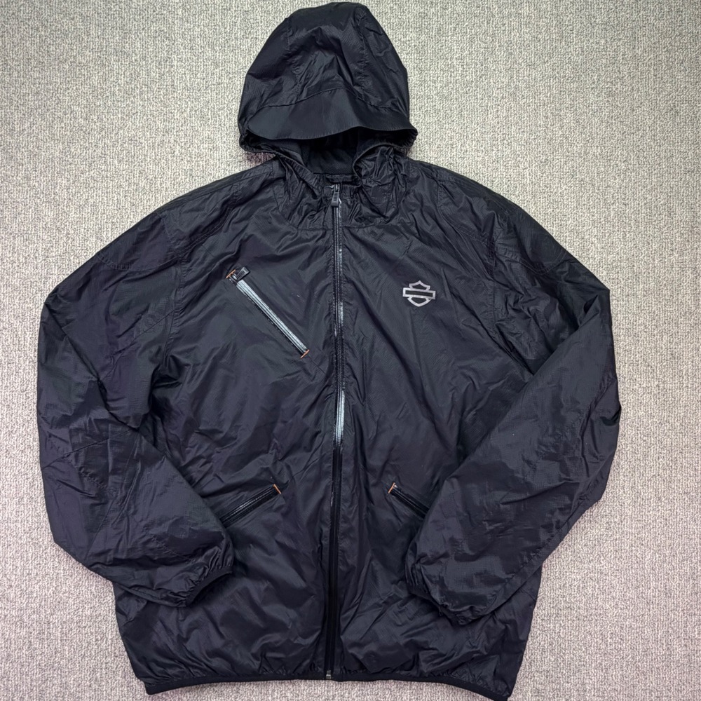 Harley Davidson Mens 2XL Black Hooded Windbreaker Jacket Full Zip 98400-19VM